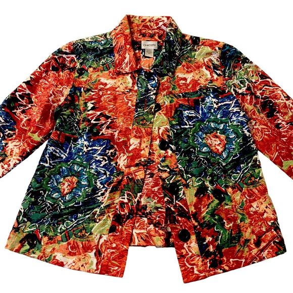 Chico’s Artsy Silk Blend Top Shacket Red WaterColor 0 (Small) Women CareerCore - Picture 2 of 15